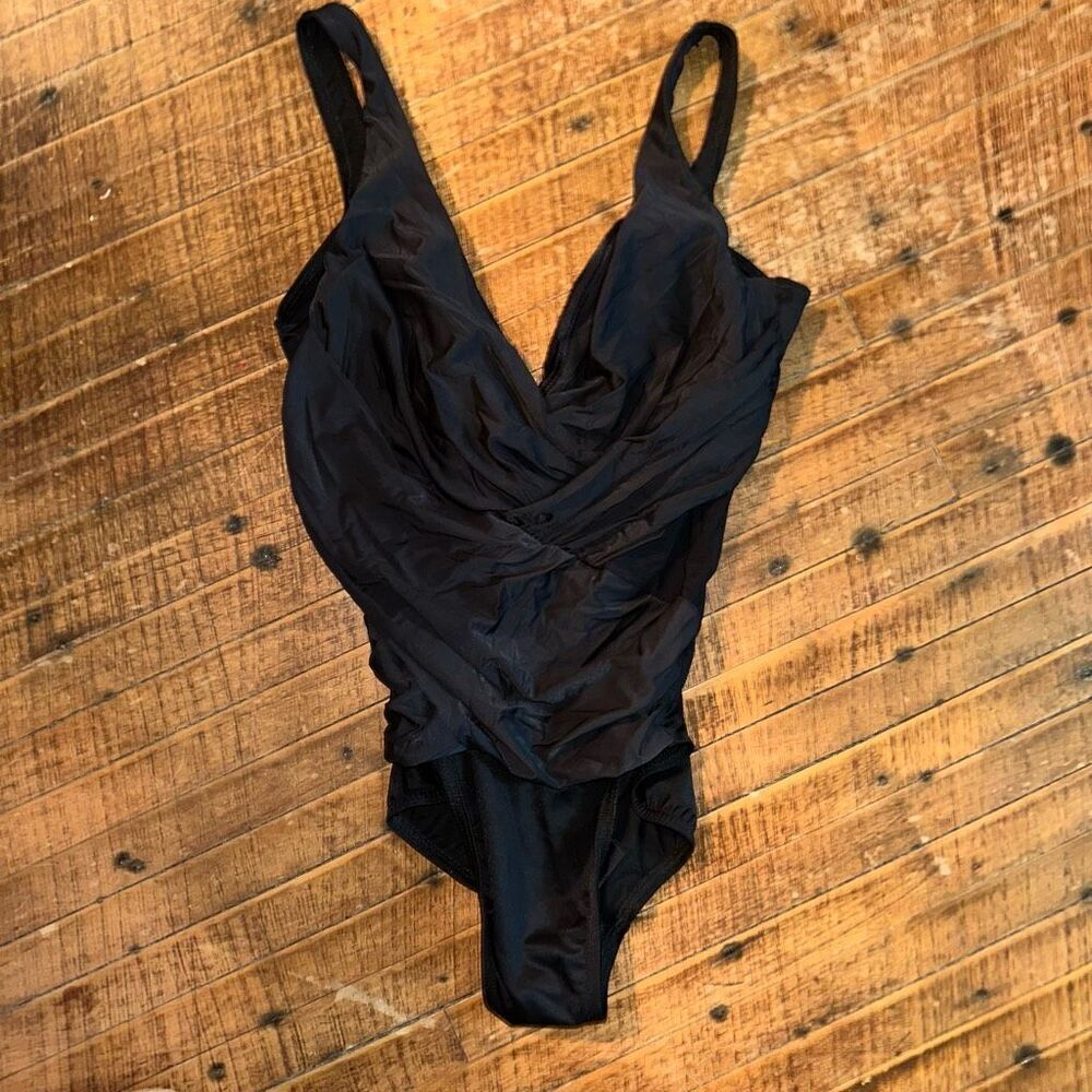 Miraclesuit v-neck slimming ruched black one piece swimsuit